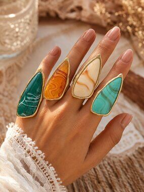 Anthropologie Inspired Natural Agate Stone Gold Dip Boho Stretch Statement Ring